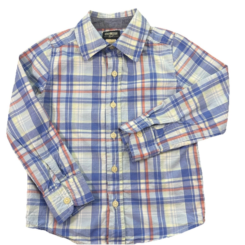 OshKosh‎ B'Gosh Shirt Boys Size 5 Blue/Coral Plaid Button-Up Long Sleeve